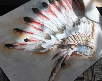 Peinture à l’aquarelle de coiffure colorée indienne, art mural amérindien, plumes, affiche indienne, décor autochtone, art des bonnets de guerre