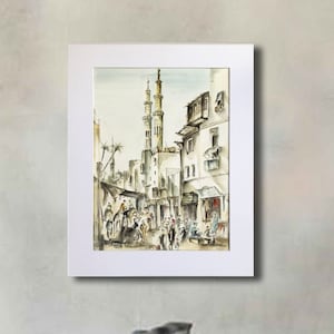 Cairo  Watercolor Painting,eastern city Original Wall Art, architecture aquarelle art