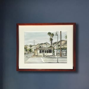 Piccola città in America Acquerello dipinto, arte murale originale, acquerello del caffè di strada