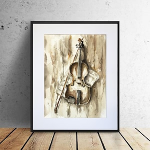 Violin watercolor painting. fiddle art original. music instrument watercolor
