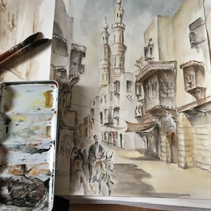Baghdad  Watercolor Painting,eastern city Original Wall Art, architecture aquarelle art