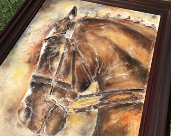 Original Vintage Horse Painting, Rustic Horse oil Painting, Framed oil Painting, Horse lover gift