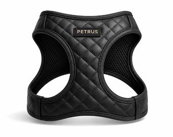 Black Quilted Dog Harness | Gold Hardware Step In Vest | Vegan Leather Choke Free Walking Gear Small Medium