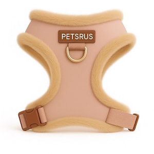 PETsRUS Fur Trim Dog Harness – Adjustable No Pull Beige Soft Neoprene with Gold Hardware – Front Clip for Small Medium Dogs USA Made