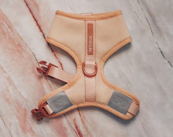 Warm Beige Dog Harness | Rose Gold Hardware No-Pull Vest | Tan Reflective Neoprene Front Clip Walking Gear Small Medium