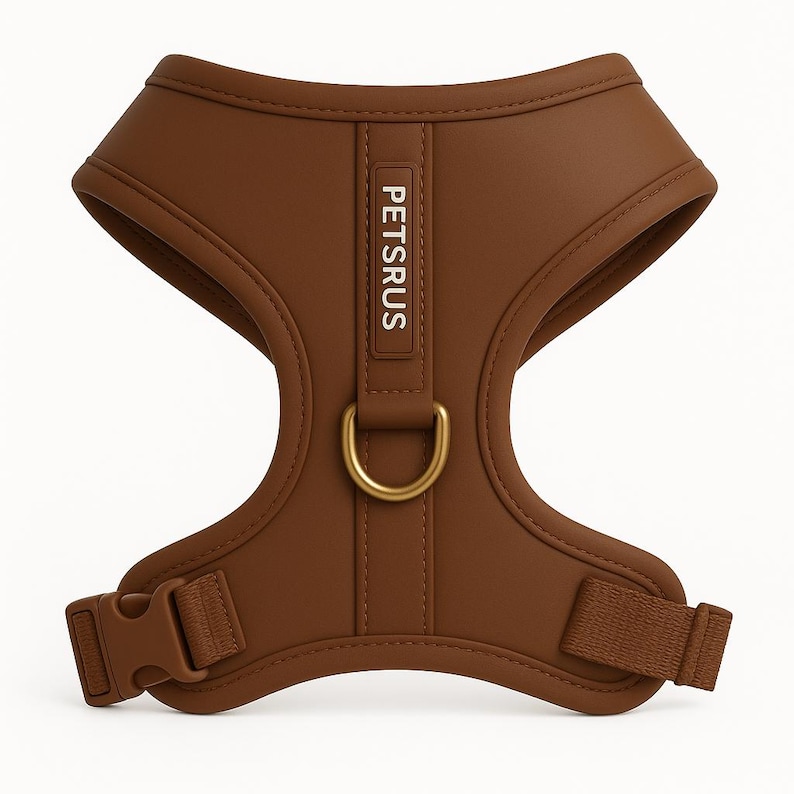 PETsRUS premium bronze brown dog harness with rich gold D-ring hardware and stylish earthy tone. No-pull design with soft neoprene padding and breathable mesh interior for small to medium dogs. Includes adjustable neck and chest straps for a secure custom fit. Ideal for puppy training, everyday walks, and travel. Sleek, padded, and lightweight luxury vest harness built for style, safety, and comfort on the go.