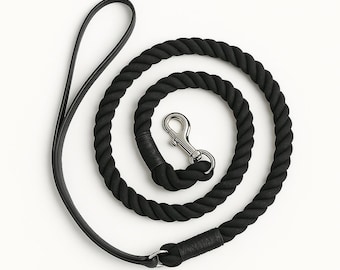Black Cotton Rope Dog Leash | Genuine Leather Handle 5ft Lead | Silver Swivel Snap Hook | Heavy Duty Walking Gear Medium Large