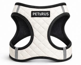 White Quilted Dog Harness | Black Trim Step In Vest | Vegan Leather Reflective Choke Free Walking Gear Small Medium