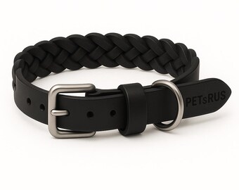 Braided Leather Dog Collar Black Silver Medium 12-15" Neck, Premium Handcrafted Designer Pet Accessory, Soft Durable, Unique Dog Gift