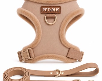 Rose Beige Faux Fur Dog Harness and 5ft Waterproof Leash Set | Soft Fleece Padded No Pull Vest | Gold Hardware Front and Back D-Rings