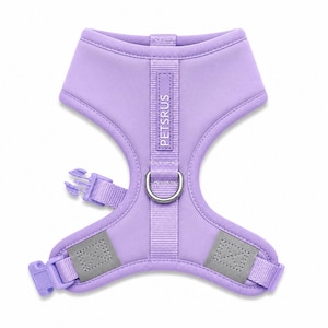 May include: A lavender dog harness with the text "PETSRUS" on the front. The harness has a D-ring for leash attachment, reflective patches, and adjustable straps with plastic buckles. The harness is designed for comfort and safety.