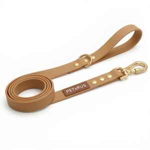 Waterproof Dog Leash with Locking Carabiner, Tan Brown Biothane Dog Lead, 5ft Heavy Duty Coated Webbing Leash, Gold Hardware, Odor Proof