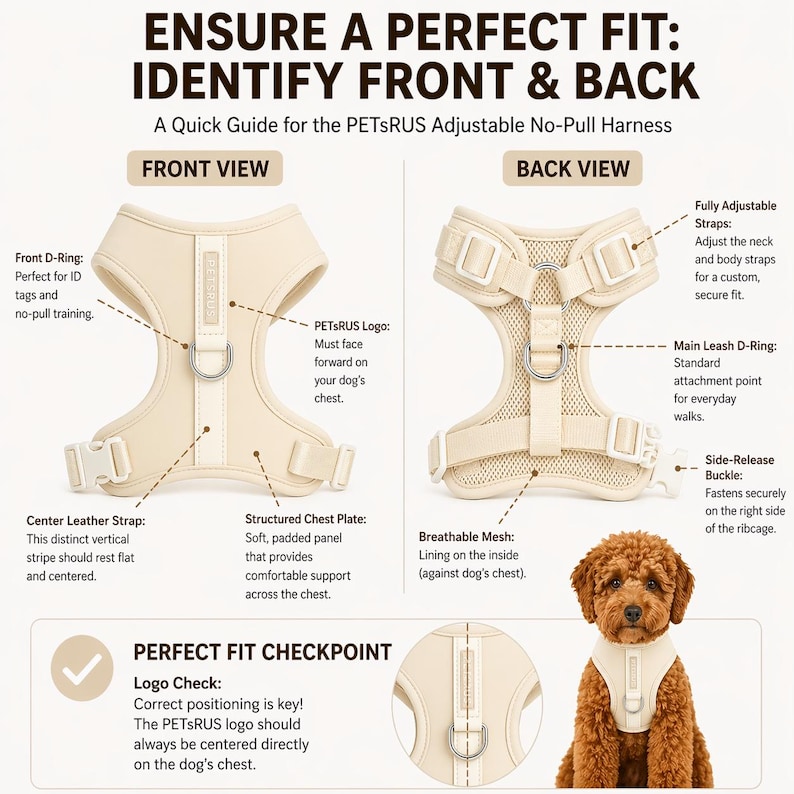 Neoprene No Pull Dog Harness | Adjustable Padded Vest with Dual Leash Clips | Soft Mesh Breathable Everyday Walking Gear Neutral Colors image 3