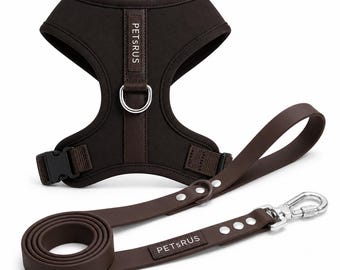 Dark Chocolate Brown Dog Harness and 5ft Waterproof Leash Set | No Pull Adjustable Padded Vest | Breathable Front and Back D-Rings
