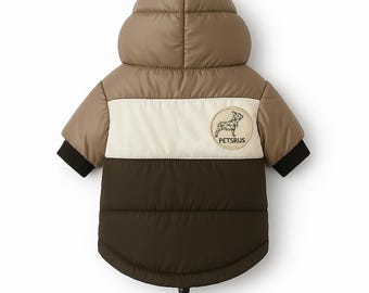 PETsRUS Premium Hooded Dog Puffer Coat Winter Extra Warm Wintercoat Padded Jacket Windproof Waterproof Brown Beige High Quality Trendy