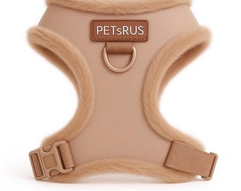 Beige Faux Fur Dog Harness | Cozy Fleece Trim No-Pull Vest | Gold Hardware Adjustable Padded Front Clip Walking Gear