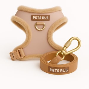 Matching Dog Harness Leash Set Adjustable No Pull Front Clip Rose Gold Beige Neoprene Fur Trim Easy Clean Biothane Screw Lock Security