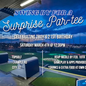 Invitación a fiesta de cumpleaños de Topgolf, invitación a fiesta sorpresa, invitación con juego de palabras sobre golf