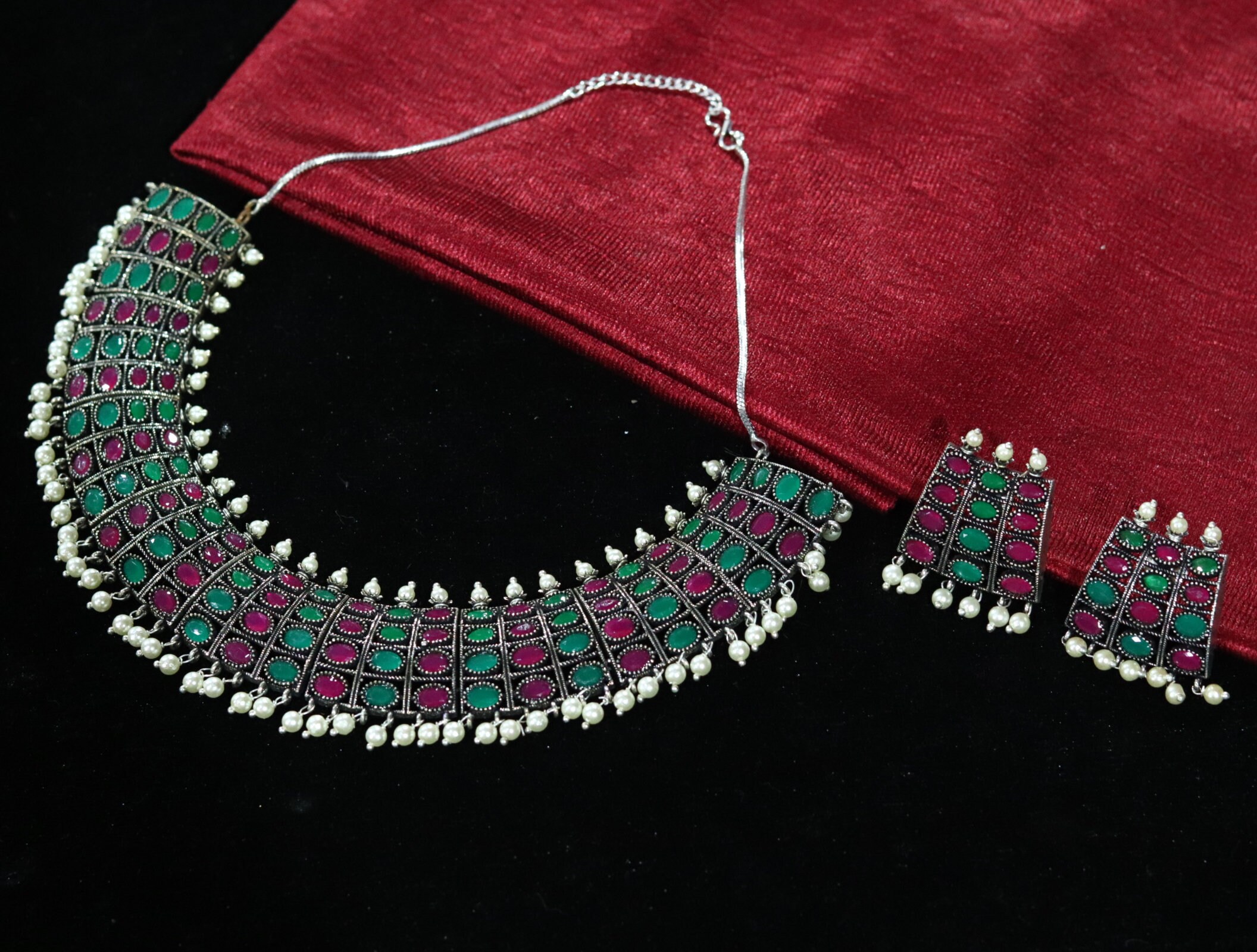 Oxidized Indian Jewelry Set Oxidise Silver Necklace Silver Etsy