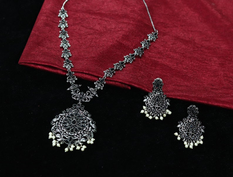 Oxidise Indian Jewelry Set Oxidized Silver Necklace Silver Etsy