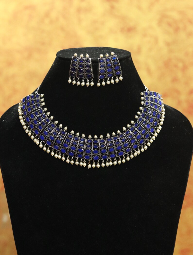 Oxidized Indian Jewelry Set Oxidise Silver Necklace Silver Etsy