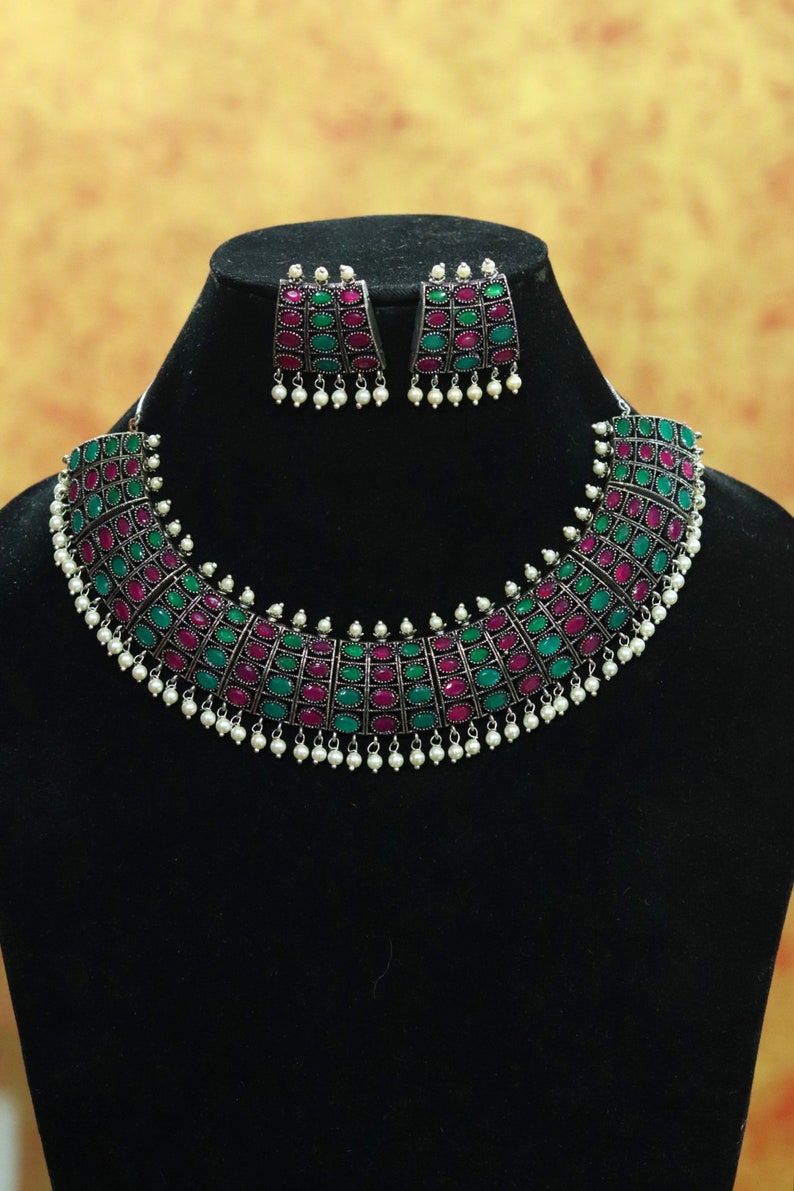 Oxidized Indian Jewelry Set Oxidise Silver Necklace Silver Etsy