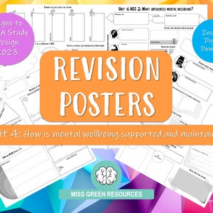 Peut inclure: Affiches de révision pour les études sur le bien-être mental. L'image présente le texte "Revision Posters" en grandes lettres oranges, avec du texte et des diagrammes d'accompagnement. Comprend le texte "Unit 4: How is mental wellbeing supported and maintained?" et "Instant Digital Download."