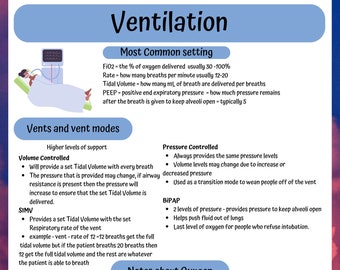 Pode incluir: Uma infografia azul e branca sobre ventilação, com o título "Ventilação" e o subtítulo "Configuração mais comum". A infografia explica as diferentes configurações para um ventilador, incluindo FiO2, frequência, volume corrente e PEEP. Também descreve os diferentes tipos de modos de ventilação, incluindo ventilação controlada por volume, ventilação controlada por pressão, SIMV e BIPAP. A infografia também inclui informações sobre os riscos de toxicidade por oxigênio e risco de incêndio.