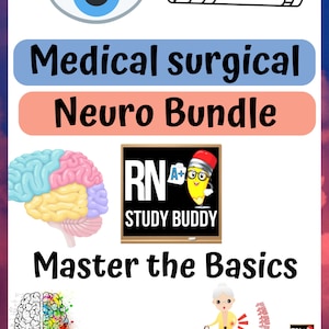 Puede incluir: Gráfico educativo con ilustraciones médicas y texto. La imagen incluye un ojo estilizado, una linterna de pluma, un diagrama de cerebro colorido y las palabras "Medical surgical Neuro Bundle" y "Master the Basics". Se presenta un personaje de lápiz de dibujos animados.