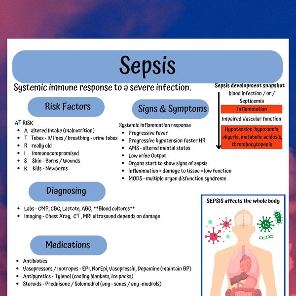 Nursing school notes, MedSurg Septic Shock Pathophysiology made easy for nursing students. Septic Shock diagnostics, causes, treatment