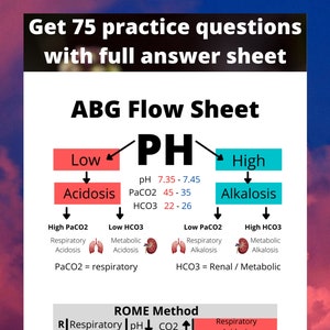 May include: A flow chart explaining how to interpret arterial blood gas (ABG) results. The chart uses the acronym ROME to help remember the relationship between pH, PaCO2, and HCO3. The chart also includes normal ranges for pH, PaCO2, and HCO3.