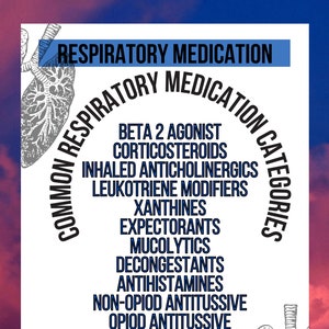 Pode incluir: Um diagrama que mostra as categorias comuns de medicamentos respiratórios, incluindo agonistas beta 2, corticosteroides, anticolinérgicos inalados, modificadores de leucotrienos, xantinas, expectorantes, mucolíticos, descongestionantes, anti-histamínicos, antiespasmódicos não opióides e antiespasmódicos opióides.