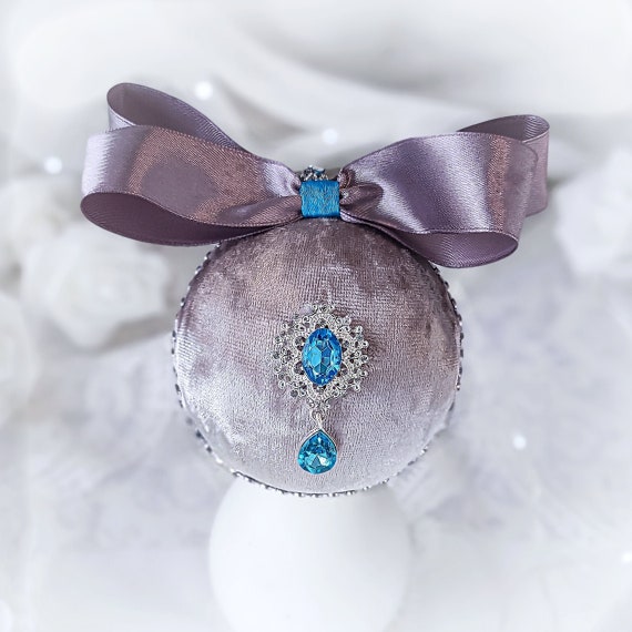 Velvet Christmas ornament handmade vintage gray turquoise bauble with tiffany pearl rhinestones, Victorian shabby chic tree decorations gift