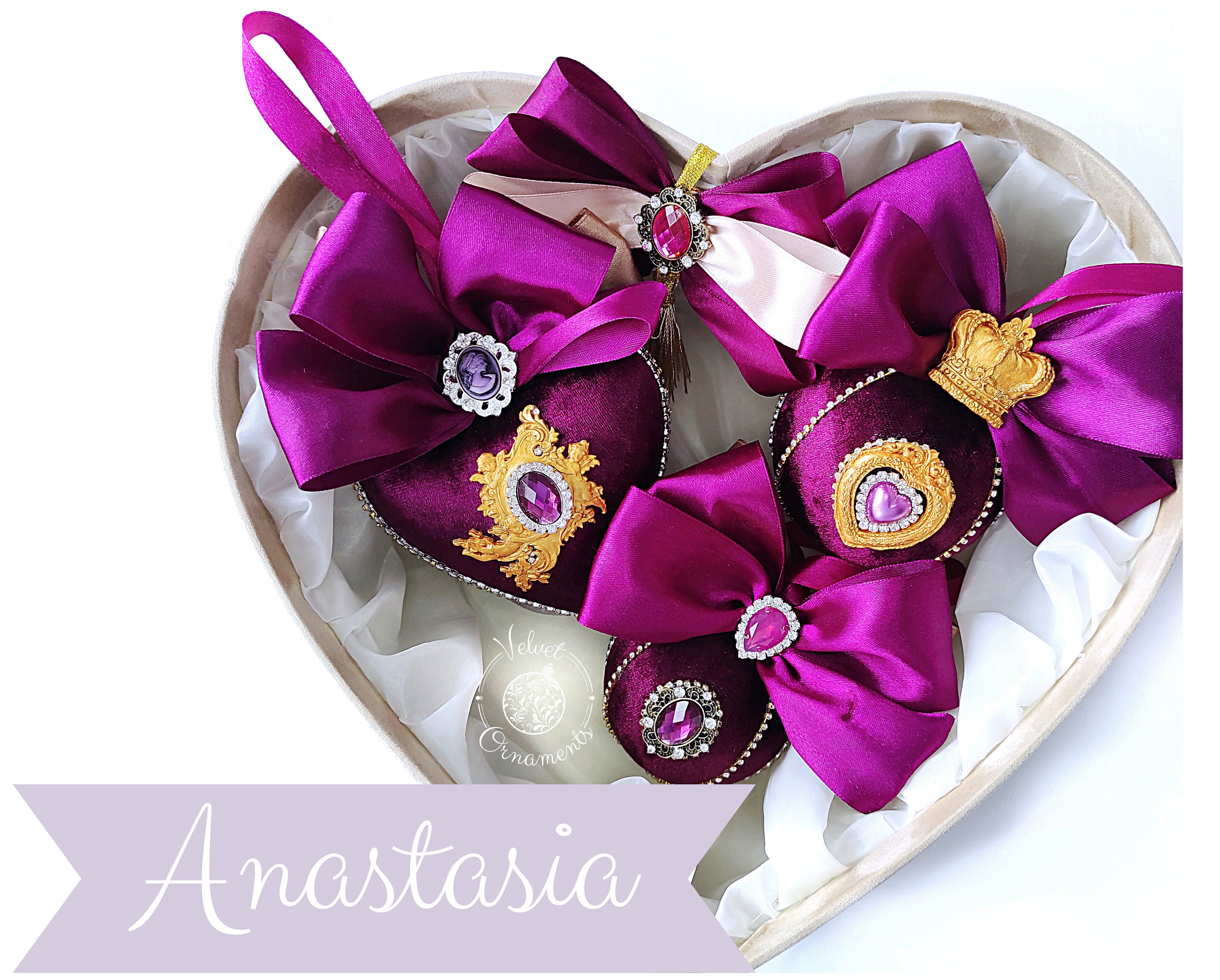 Velvet Christmas ornaments purple gold set Anastasia: velour baubles with rhinestones, cameo, crown, bow in a box, Xmas tree decoration 2021