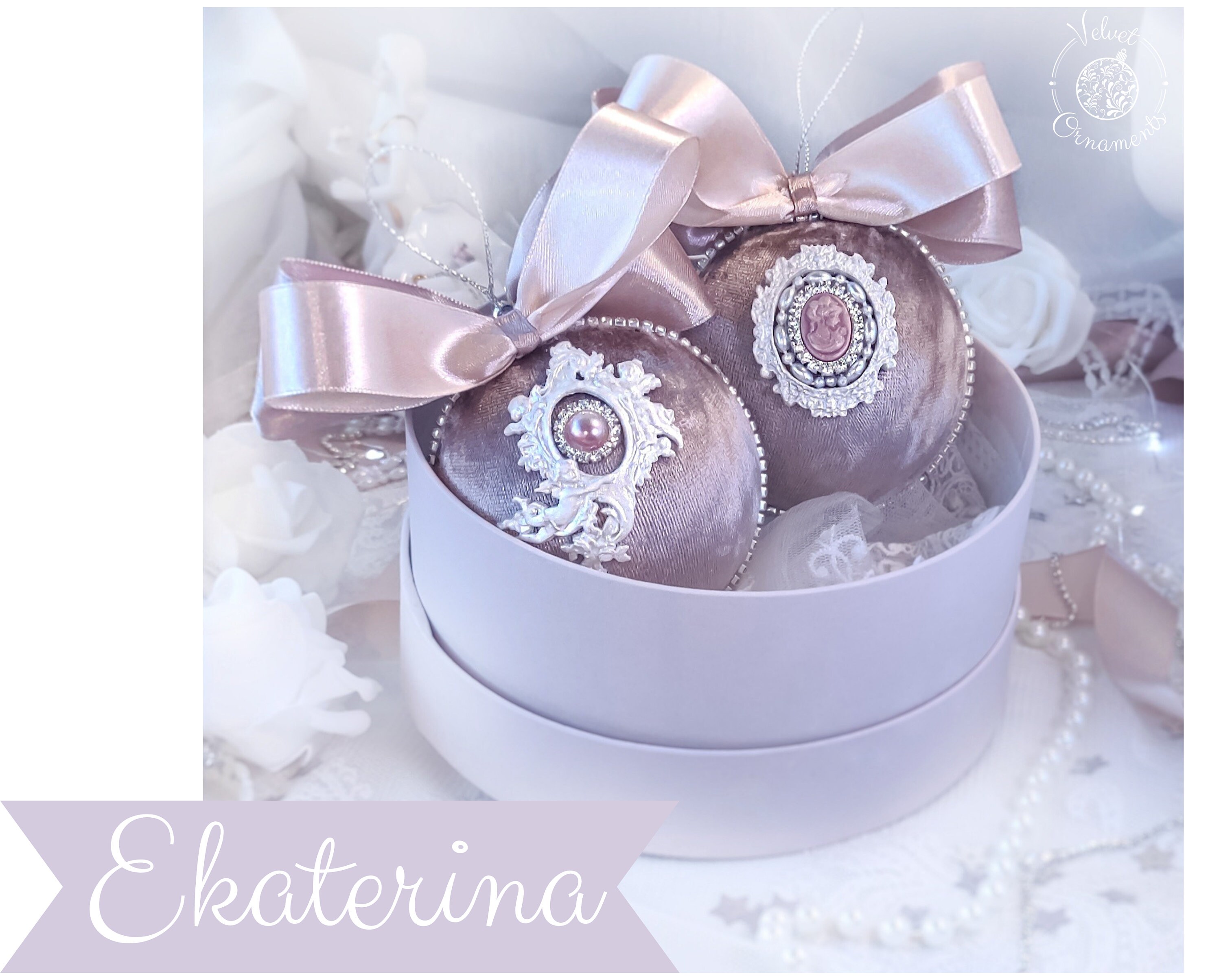 Velvet Christmas ornaments mocha brown set Ekaterina: velour baubles with rhinestones, cameo, bow in a box, Xmas tree decoration 2021 gift