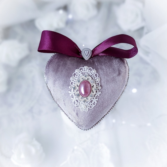 Velvet Christmas ornament handmade vintage lavender heart-shaped bauble with pink pearl, rhinestones, laces, Victorian shabby chic gift Xmas