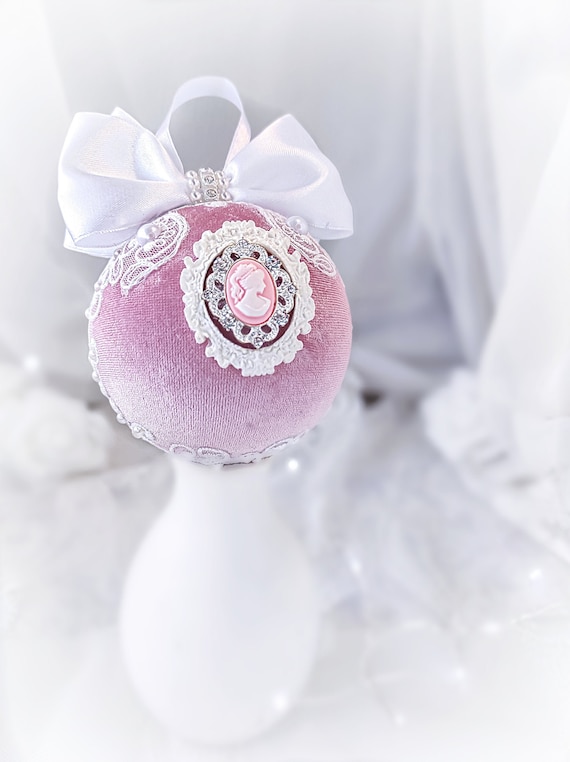 Velvet Christmas ornament handmade pearl lace vintage pink white bauble cameo silver rhinestone, Victorian shabby chic tree decoration gift