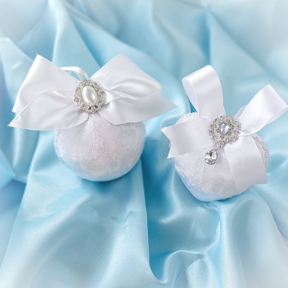 Velvet Christmas ornaments set of 2 handmade vintage white baubles with satin bows, rhinestones, pearls, Victorian decorations