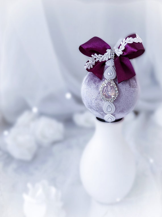 Velvet Christmas ornament handmade vintage lavender bauble with pink pearl rhinestone, purple satin lace bow Victorian shabby chic gift Xmas