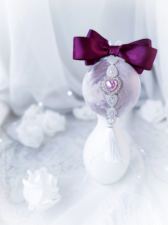 Velvet Christmas ornament handmade vintage lavender bauble with pink pearl heart, tassel, purple satin bow, Victorian shabby chic gift Xmas