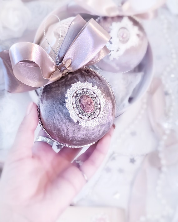Velvet Christmas ornament handmade vintage mocha baubles with rhinestones, satin bow Victorian shabby chic tree decorations