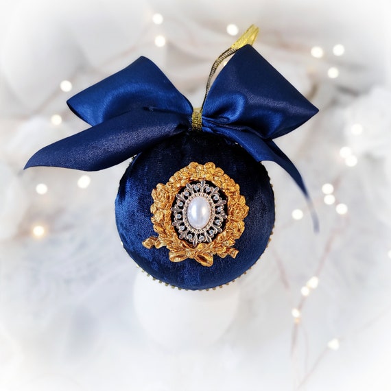 Velvet Christmas ornament handmade vintage navy blue bauble golden stucco pearls, rhinestones, royal sapphire Victorian tree decoration gift