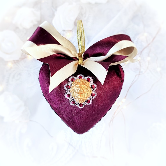 Velvet Christmas ornament handmade vintage burgundy beige heart-shaped bauble gold LION bow rhinestones, tree decoration zodiac symbol gift