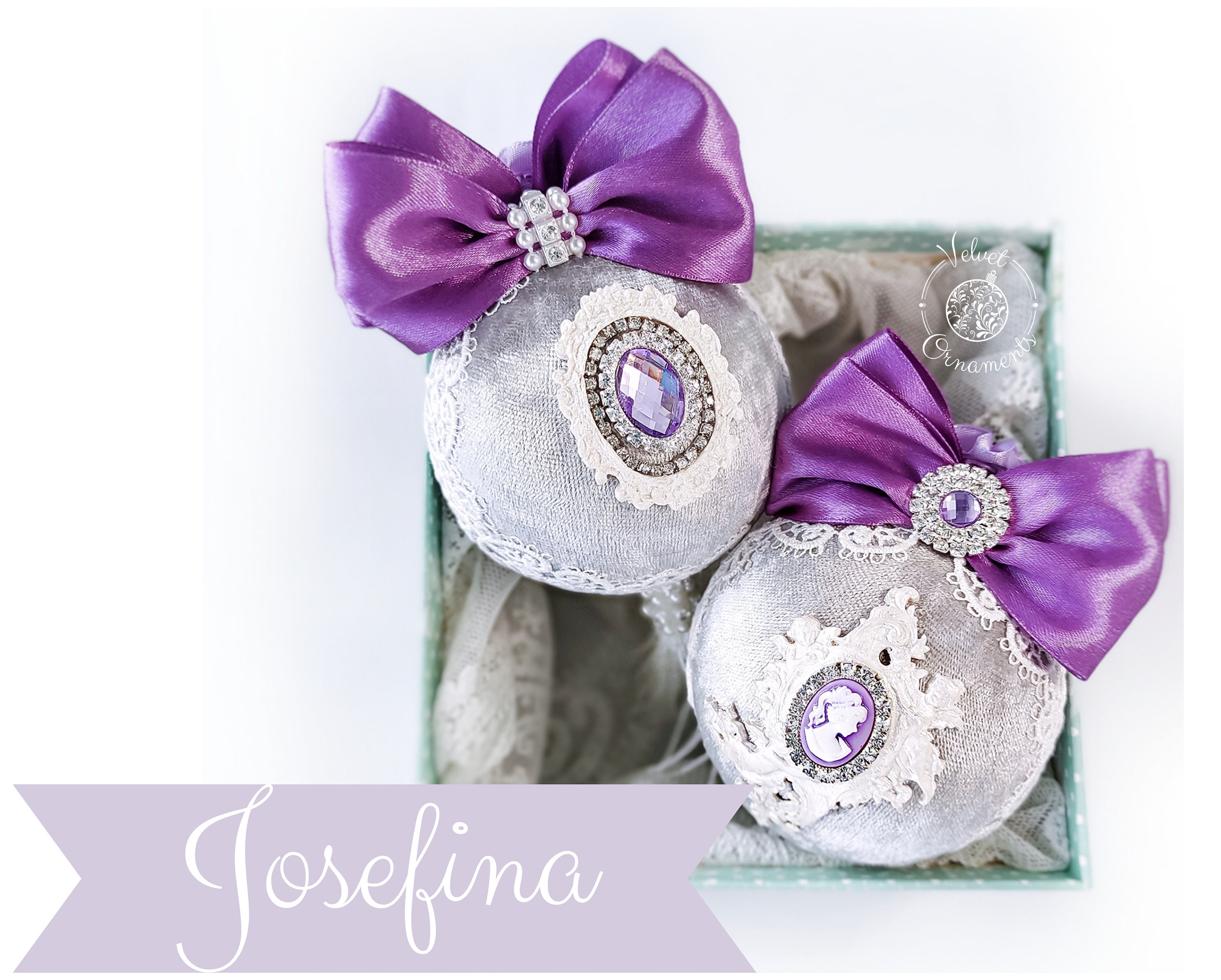 Velvet Christmas ornaments set Josefina: gray violet velour baubles with rhinestones, cameo, ribbon in a box, Xmas tree decoration 2021 gift
