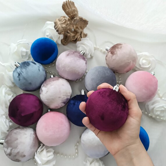 Personalized velvet Christmas ornaments 2020, unique velveteen Xmas baubles set, customized rose gold Swarovski glitter velour tree balls