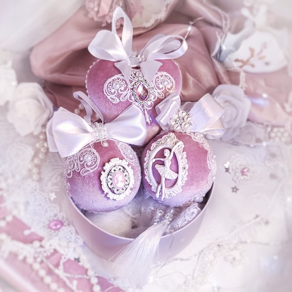 Velvet Christmas ornaments set of 3 handmade lace vintage pink white baubles, stucco ballerina, Victorian shabby chic tree decorations gift