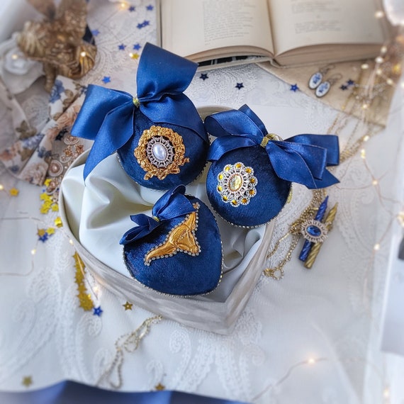 Velvet Christmas ornaments set of 3 handmade vintage dark-blue baubles with gold OX / BULL, rhinestones, tree decorations year symbol gift