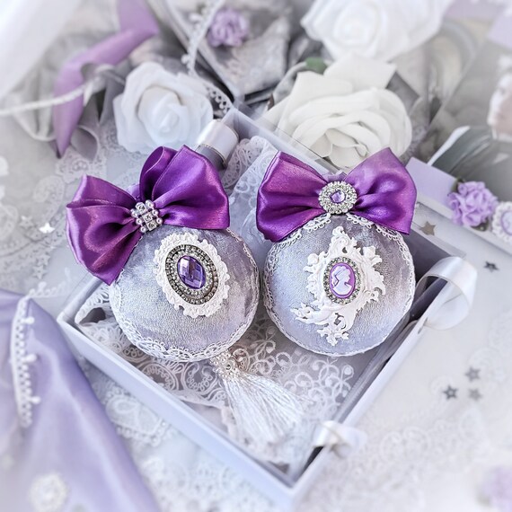 Velvet Christmas ornaments set of 2 handmade fabric vintage gray violet baubles with rhinestones, Victorian shabby chic tree decoration gift