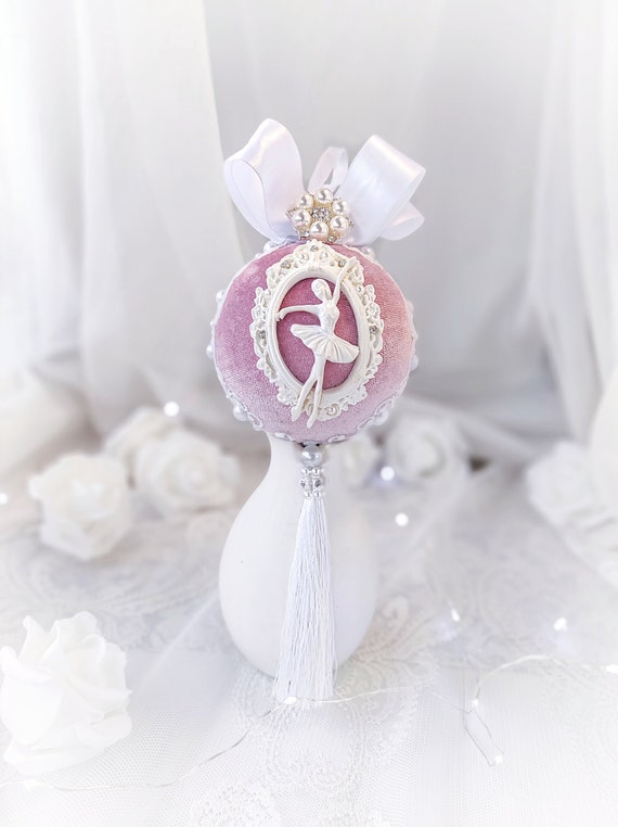 Velvet Christmas ornament handmade pearl lace vintage pink bauble with white ballerina stucco, tassel, rhinestones, tree decoration gift