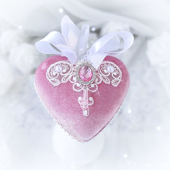 Velvet Christmas ornament handmade lace vintage pink white heart-shaped bauble silver rhinestone, Victorian shabby chic tree decoration gift